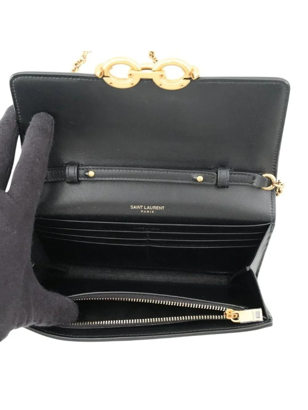 Saint Laurent Paris Chain Shoulder Wallet Maillon Calfskin Black